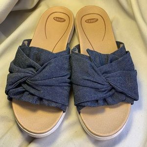 Dr Scholls denim/jeans tie/bow slide ins, perfect!
